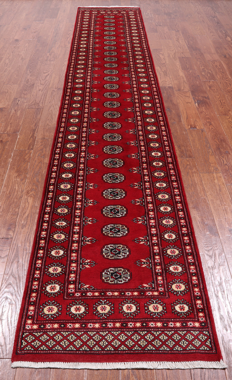 Red Bokhara Hand-Knotted Wool Runner Rug - 2' 6" X 13' 9"