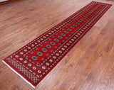 Red Bokhara Hand-Knotted Wool Runner Rug - 2' 6" X 13' 9"
