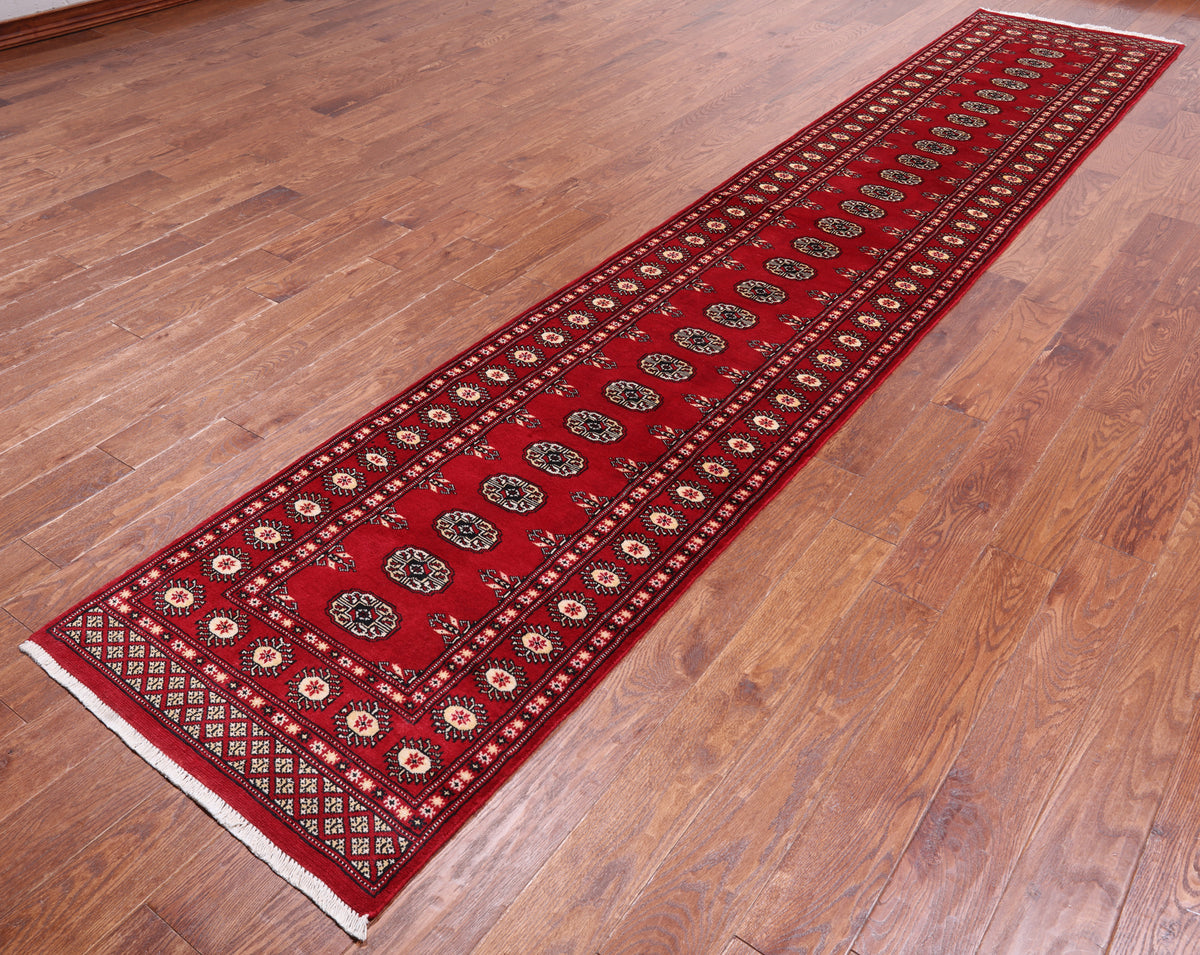 Red Bokhara Hand-Knotted Wool Runner Rug - 2' 6" X 13' 9"