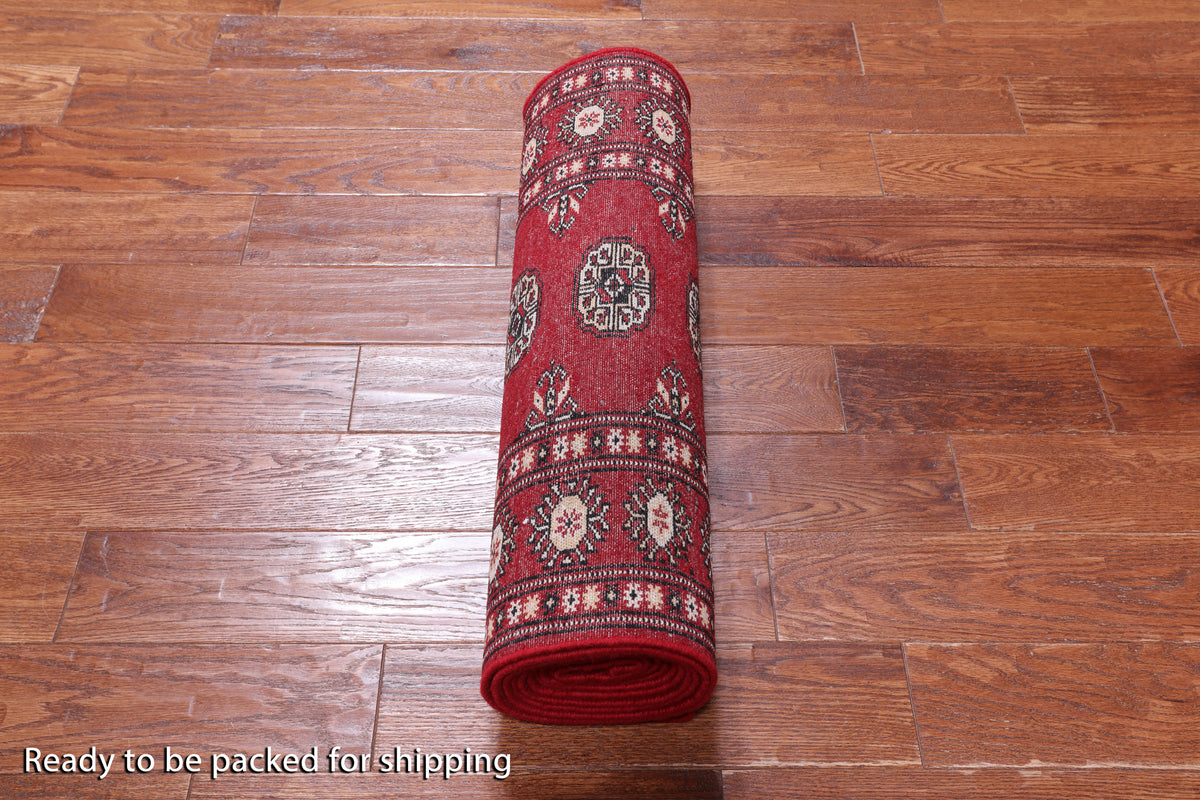 Red Bokhara Hand-Knotted Wool Runner Rug - 2' 6" X 13' 9"