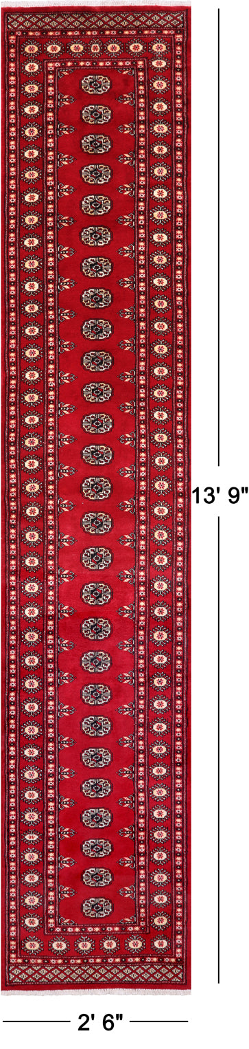 Red Bokhara Hand-Knotted Wool Runner Rug - 2' 6" X 13' 9"