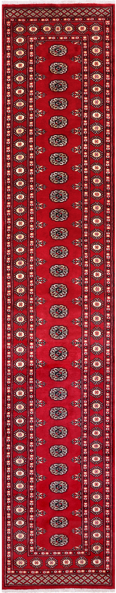 Red Bokhara Hand-Knotted Wool Runner Rug - 2' 6" X 13' 9"