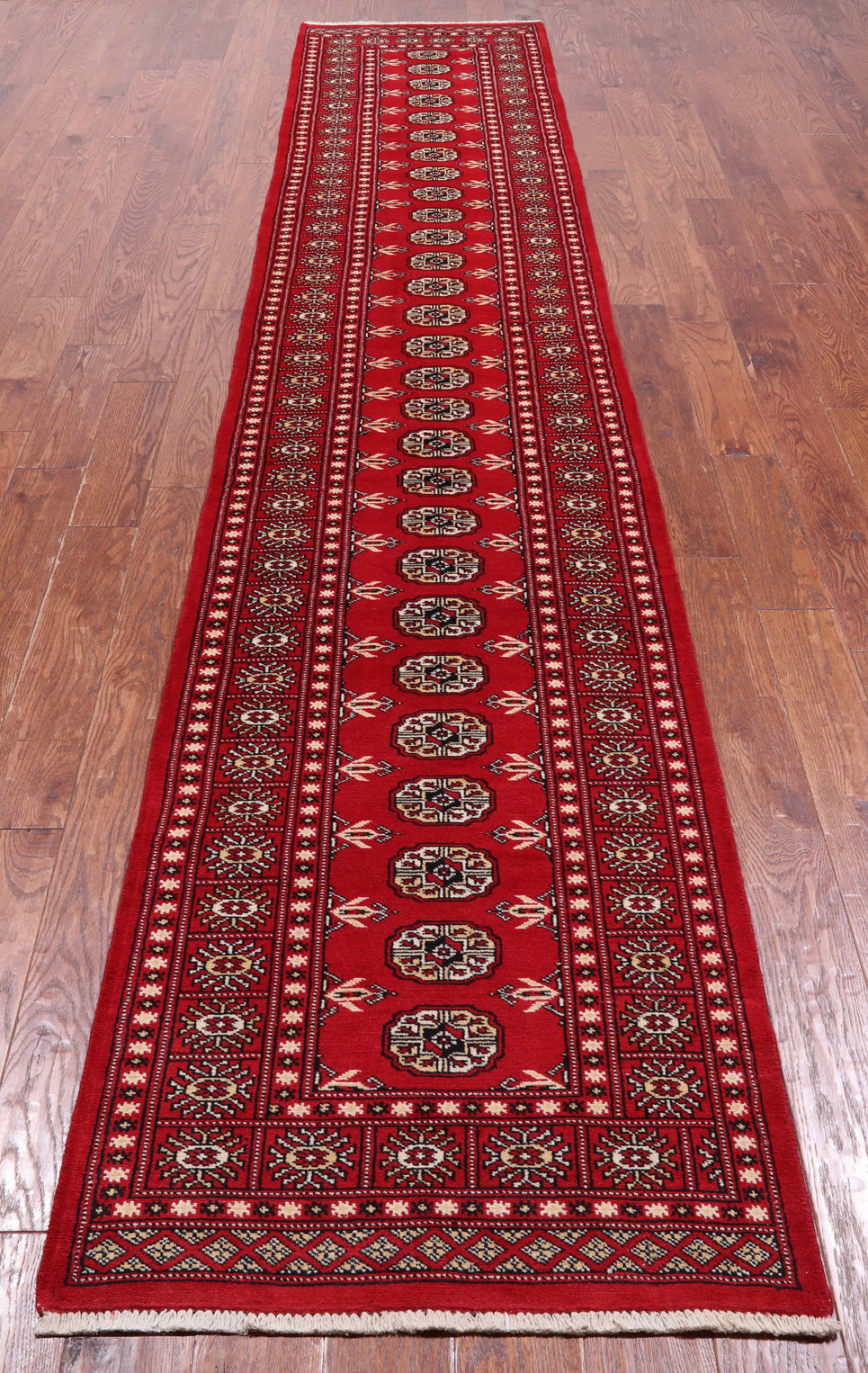 Red Bokhara Hand-Knotted Wool Runner Rug - 2' 7" X 13' 9"