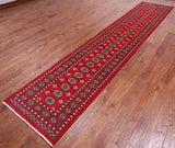 Red Bokhara Hand-Knotted Wool Runner Rug - 2' 7" X 13' 9"
