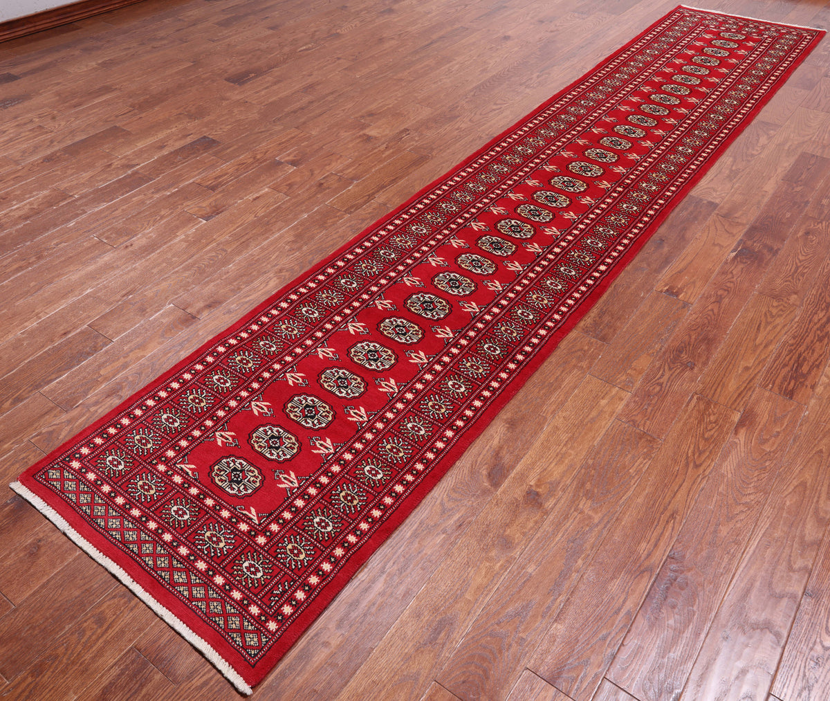 Red Bokhara Hand-Knotted Wool Runner Rug - 2' 7" X 13' 9"