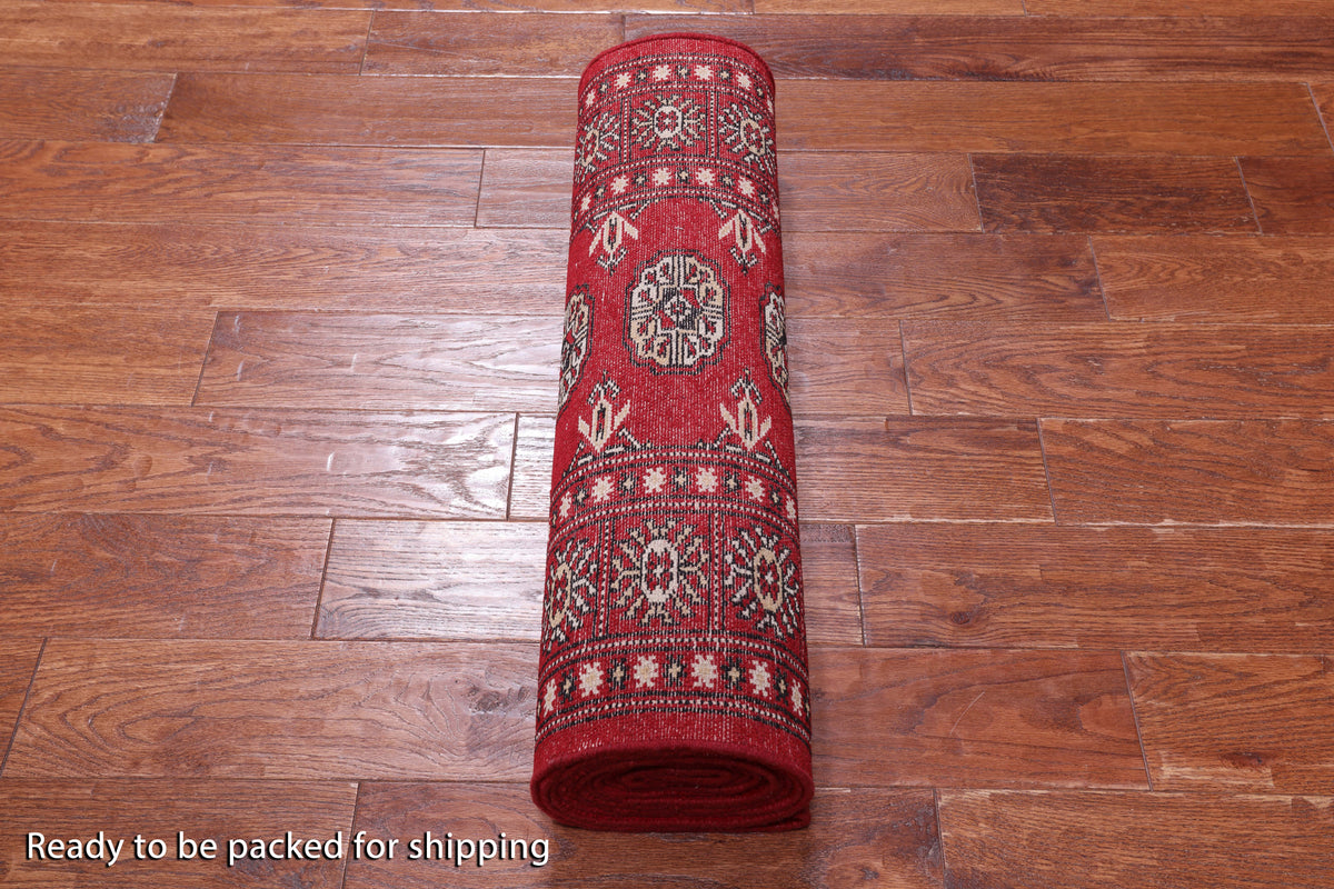Red Bokhara Hand-Knotted Wool Runner Rug - 2' 7" X 13' 9"