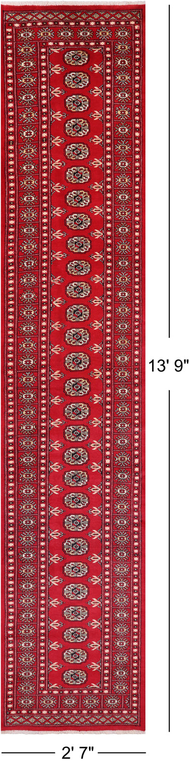 Red Bokhara Hand-Knotted Wool Runner Rug - 2' 7" X 13' 9"