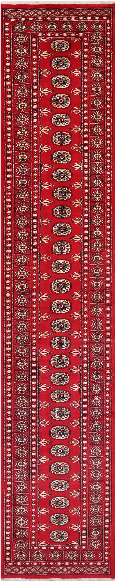 Red Bokhara Hand-Knotted Wool Runner Rug - 2' 7" X 13' 9"