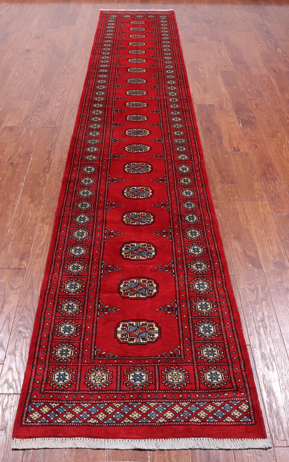 Red Bokhara Handmade Wool Runner Rug - 2' 6" X 14' 5"
