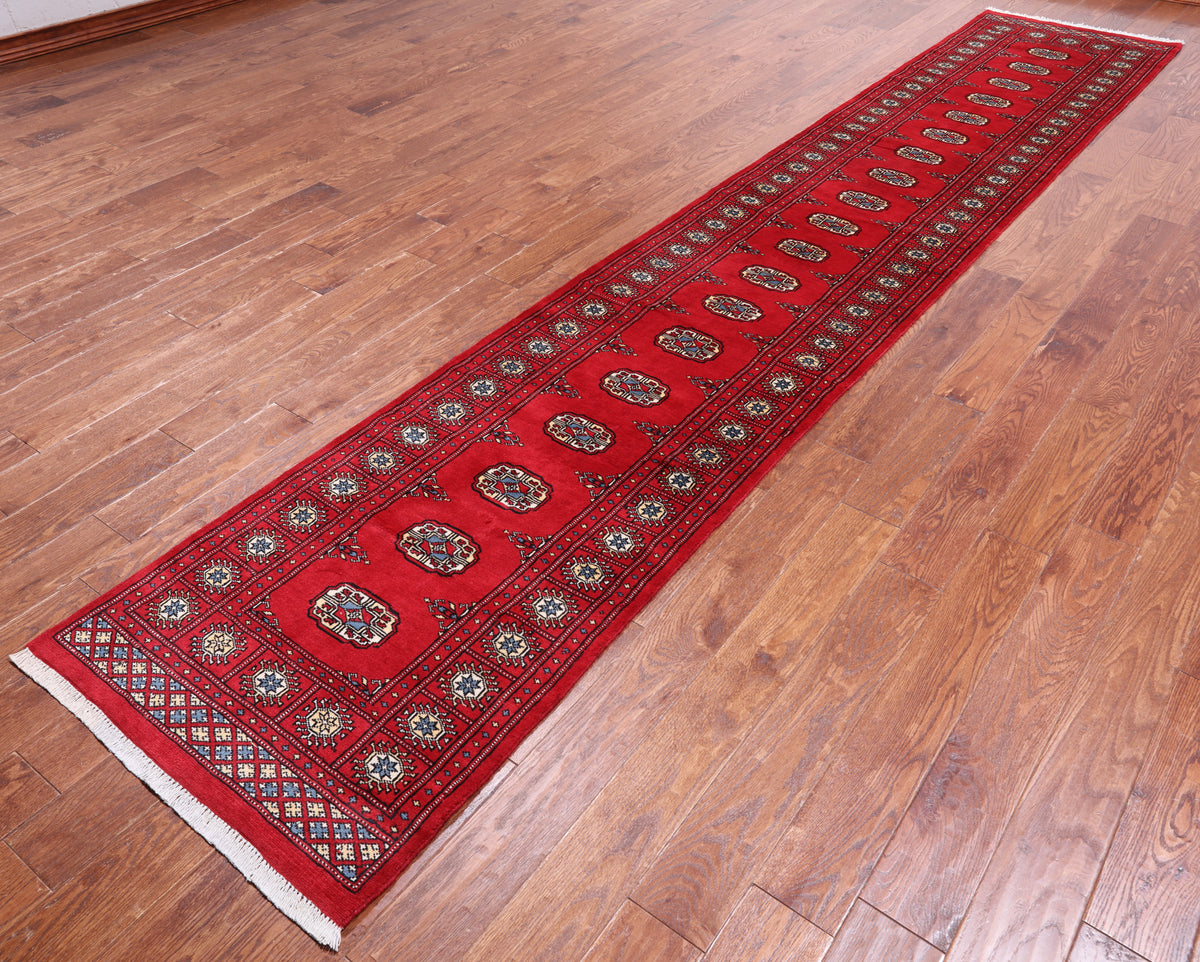 Red Bokhara Handmade Wool Runner Rug - 2' 6" X 14' 5"