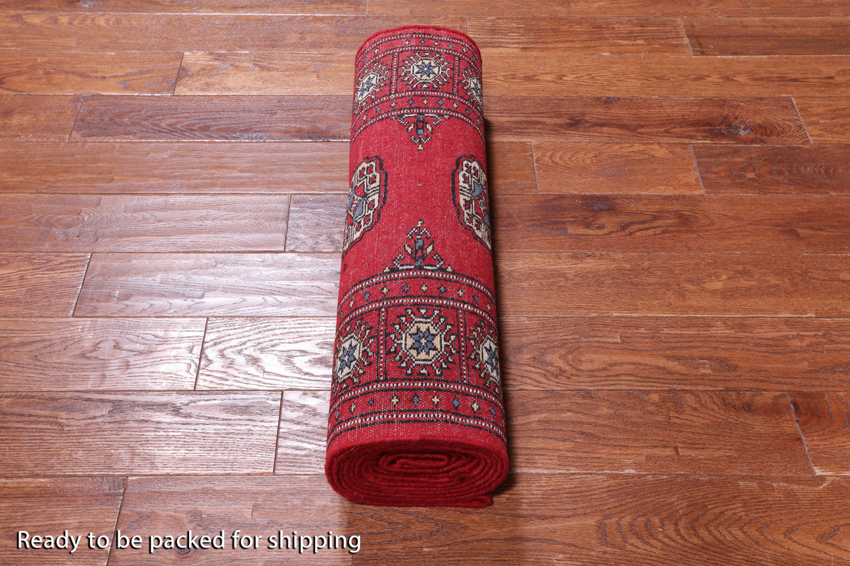 Red Bokhara Handmade Wool Runner Rug - 2' 6" X 14' 5"