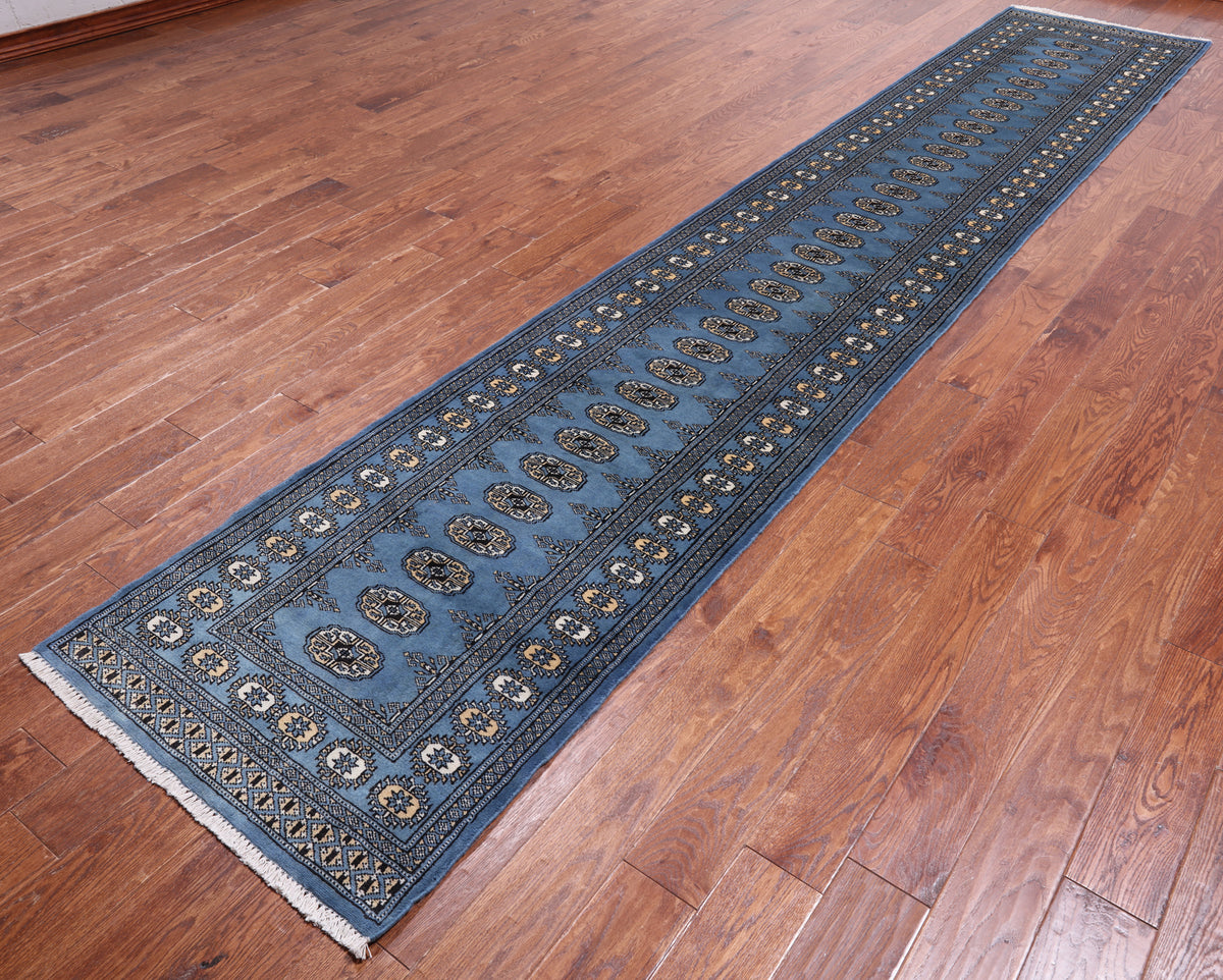 Blue Bokhara Hand Knotted Wool Runner Rug - 2' 8" X 14' 6"