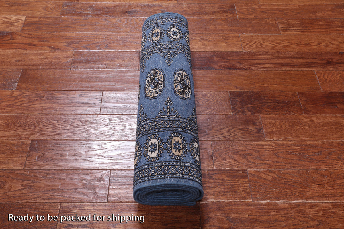 Blue Bokhara Hand Knotted Wool Runner Rug - 2' 8" X 14' 6"