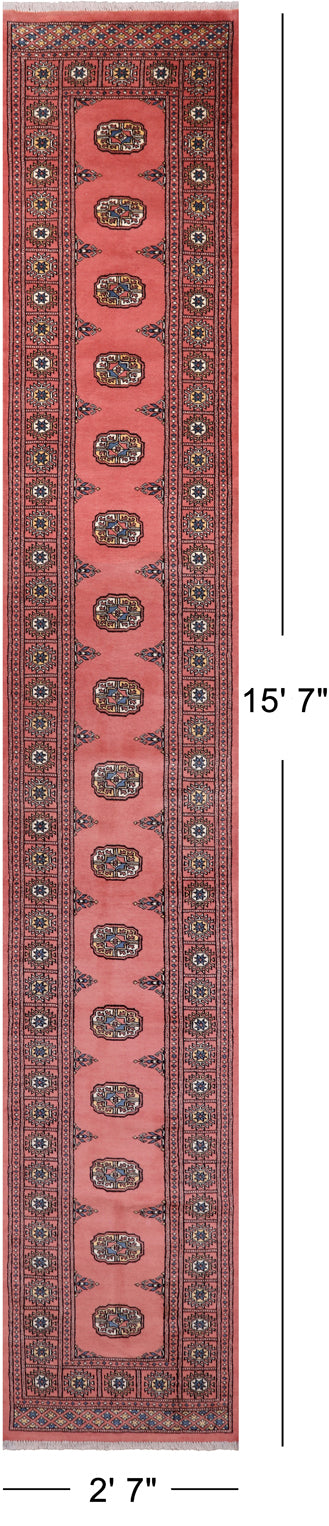 Pink Bokhara Hand Knotted Wool Runner Rug - 2' 7" X 15' 7"