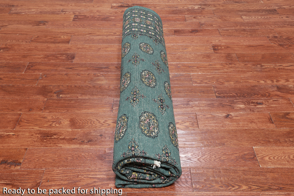Green Bokhara Handmade Wool Rug - 9' 3" X 11' 9"