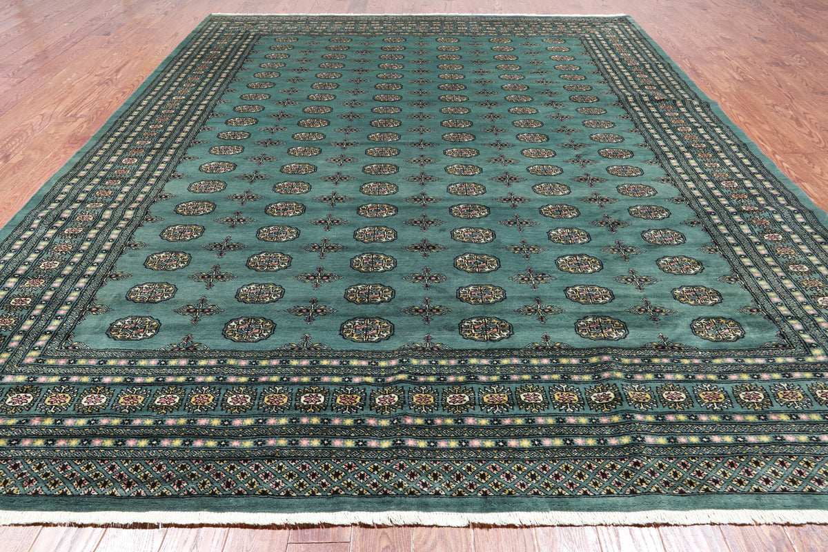 Green Bokhara Handmade Wool Rug - 9' 3" X 11' 9"