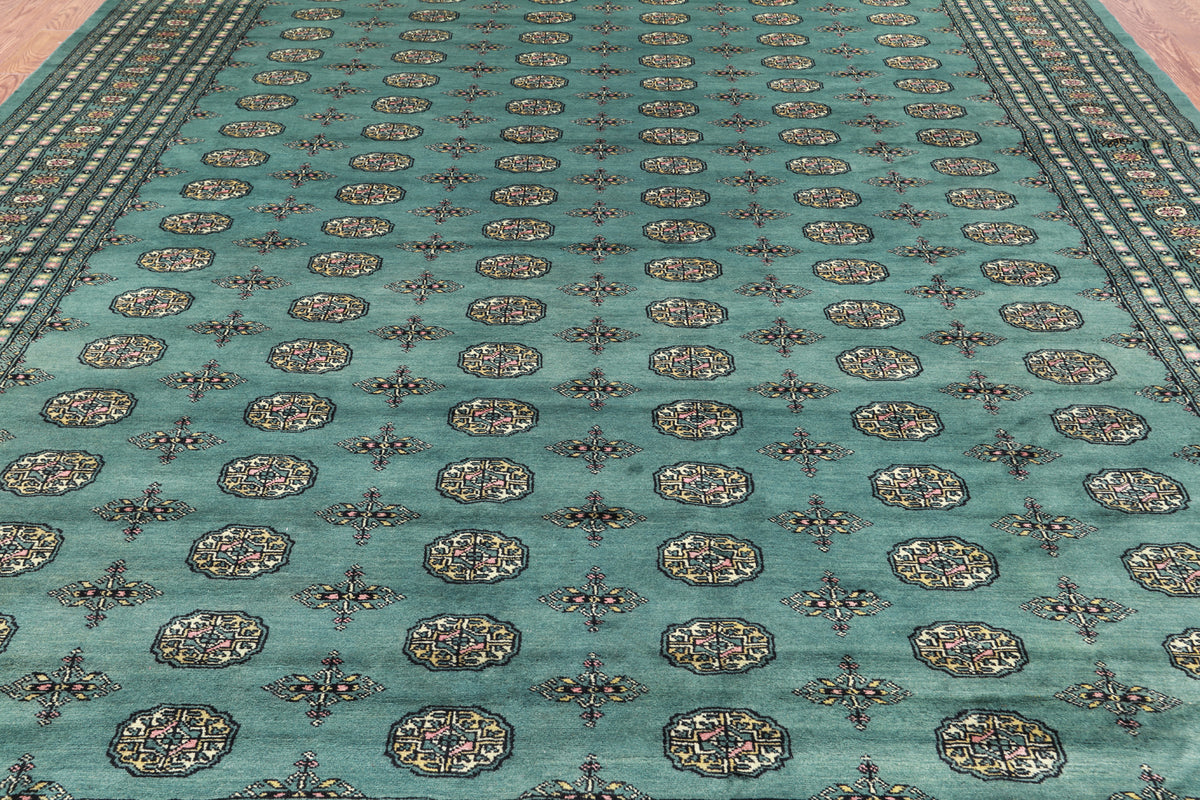 Green Bokhara Handmade Wool Rug - 9' 3" X 11' 9"