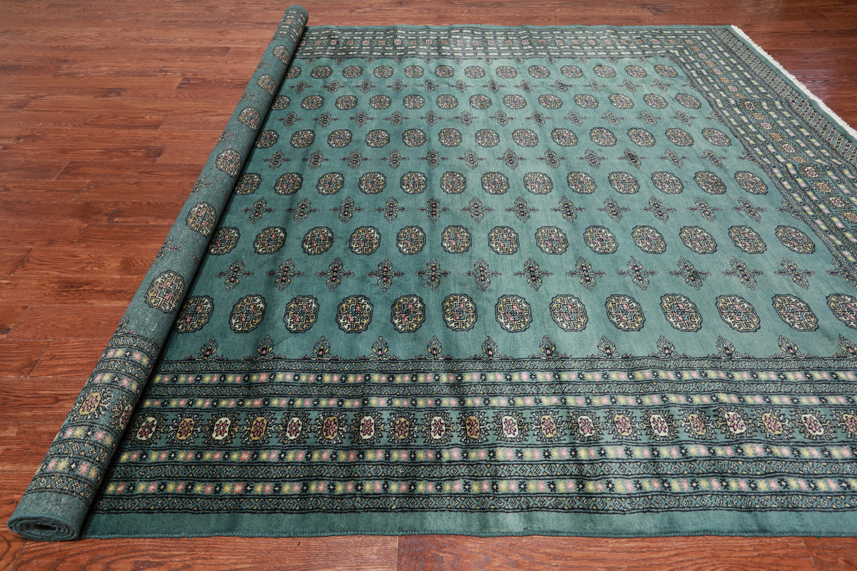 Green Bokhara Handmade Wool Rug - 9' 3" X 11' 9"