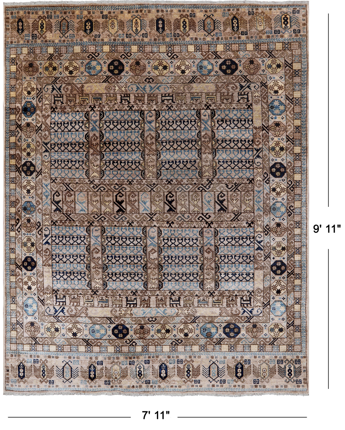 Grey Turkmen Ersari Handmade Wool Rug - 7' 11" X 9' 11"