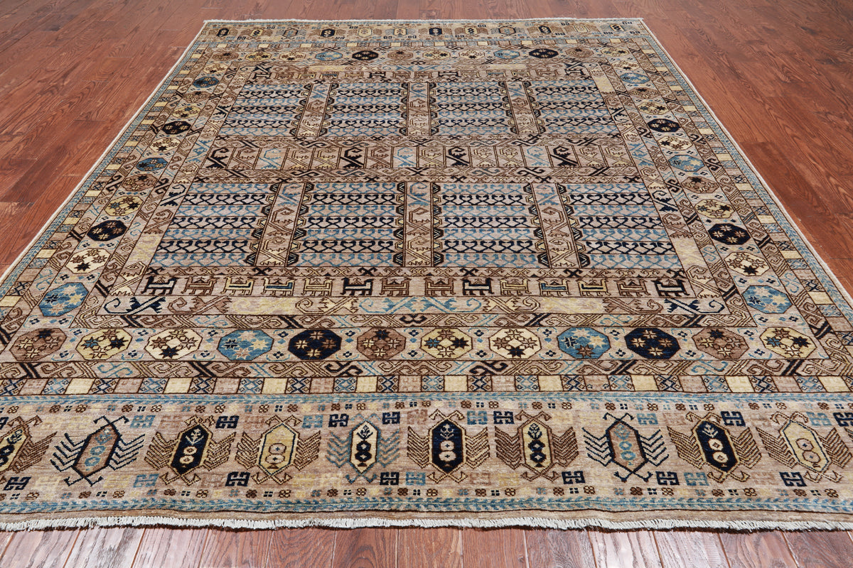 Grey Turkmen Ersari Handmade Wool Rug - 7' 11" X 9' 11"