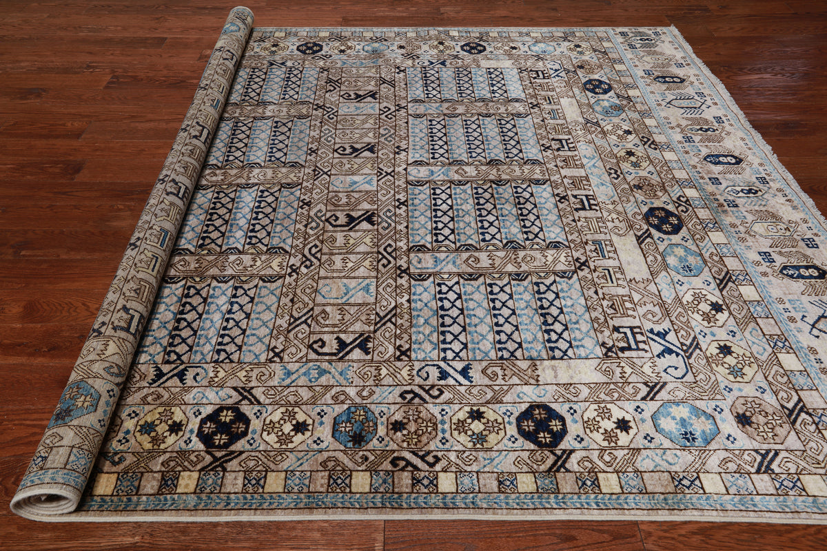 Grey Turkmen Ersari Handmade Wool Rug - 7' 11" X 9' 11"