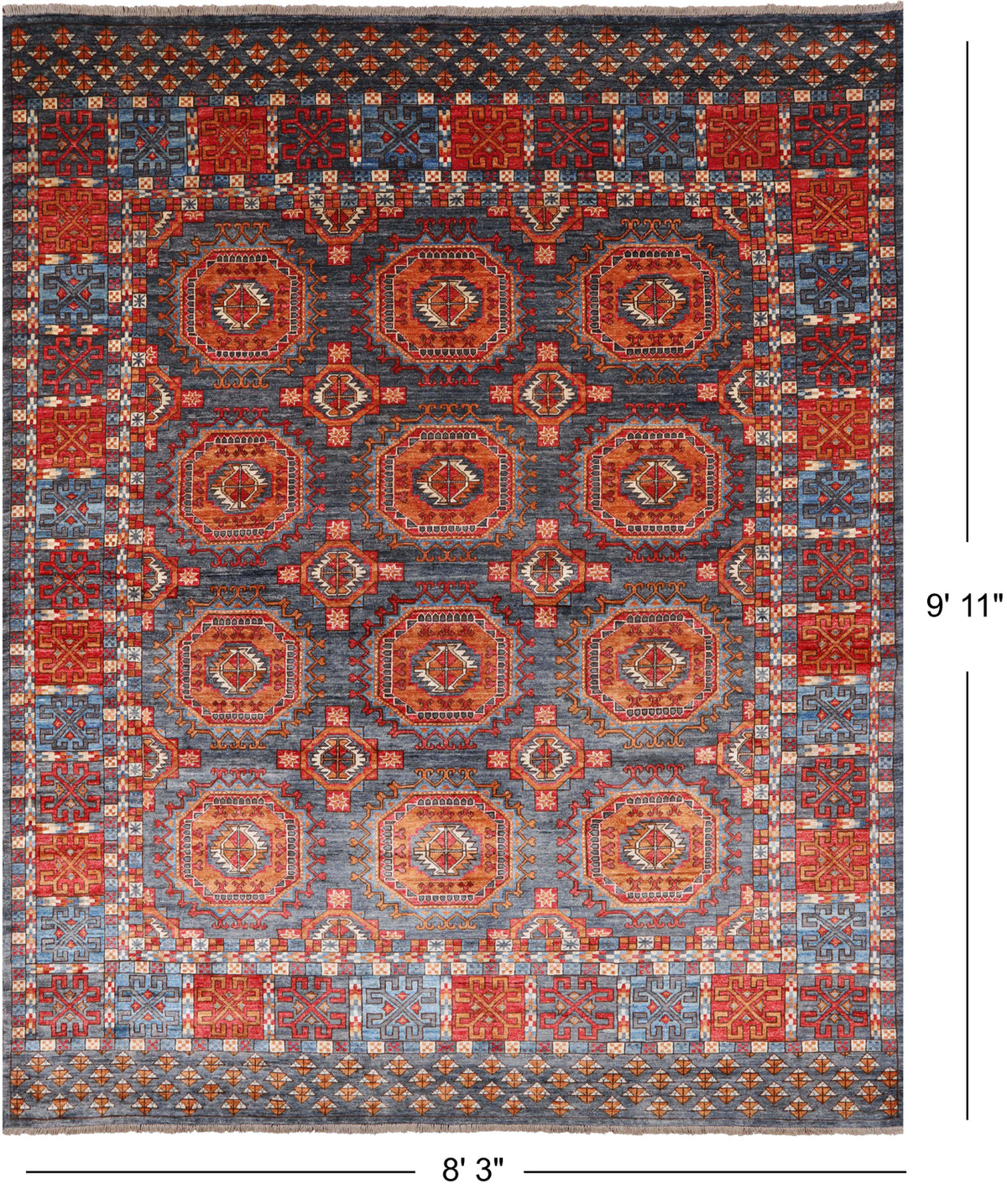 Grey Turkmen Ersari Handmade Wool Rug - 8' 3" X 9' 11"