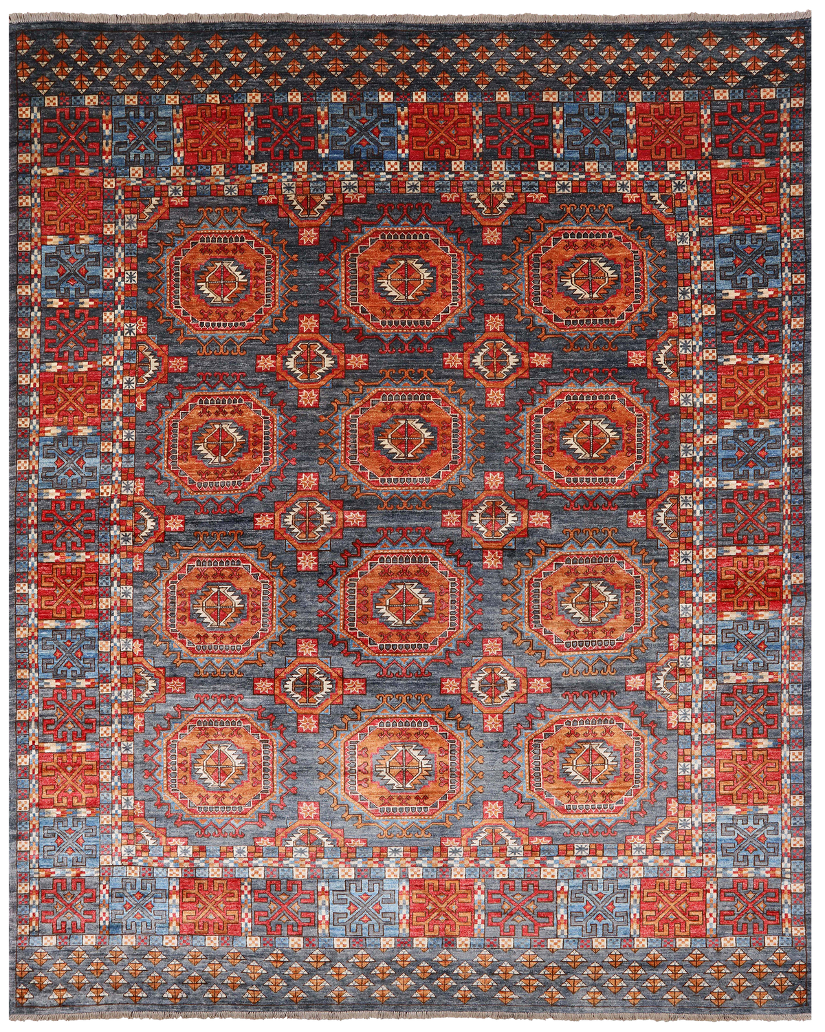 Grey Turkmen Ersari Handmade Wool Rug - 8' 3" X 9' 11"
