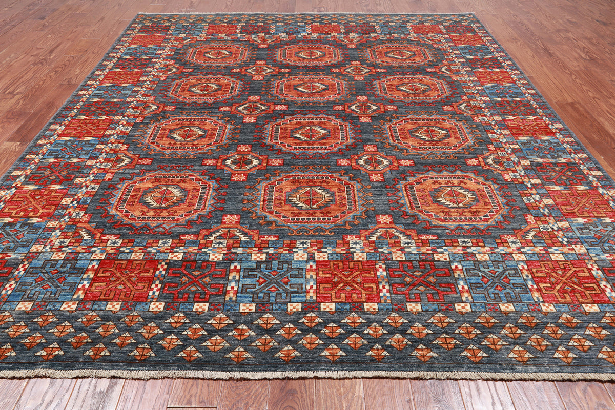 Grey Turkmen Ersari Handmade Wool Rug - 8' 3" X 9' 11"