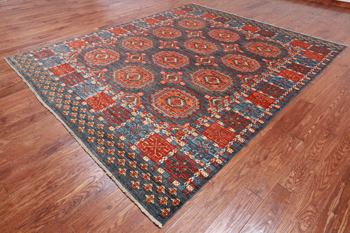 Grey Turkmen Ersari Handmade Wool Rug - 8' 3" X 9' 11"