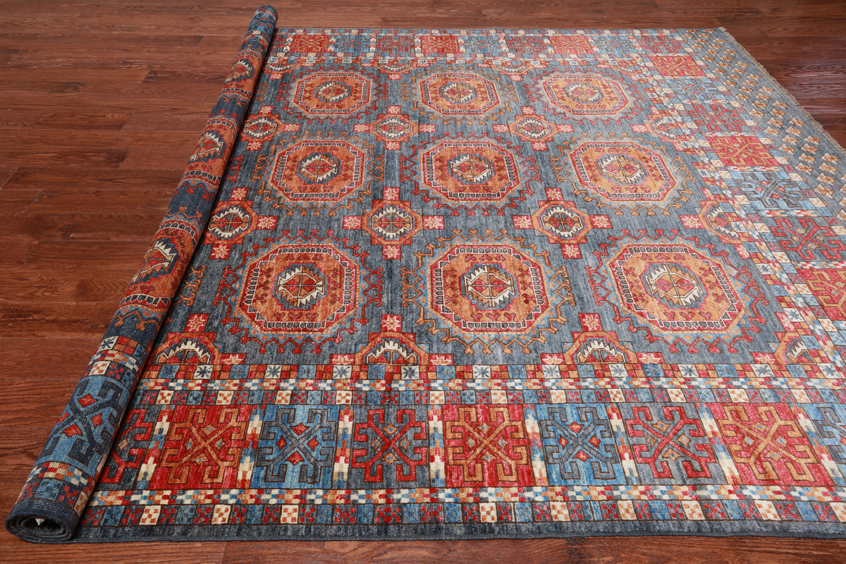 Grey Turkmen Ersari Handmade Wool Rug - 8' 3" X 9' 11"