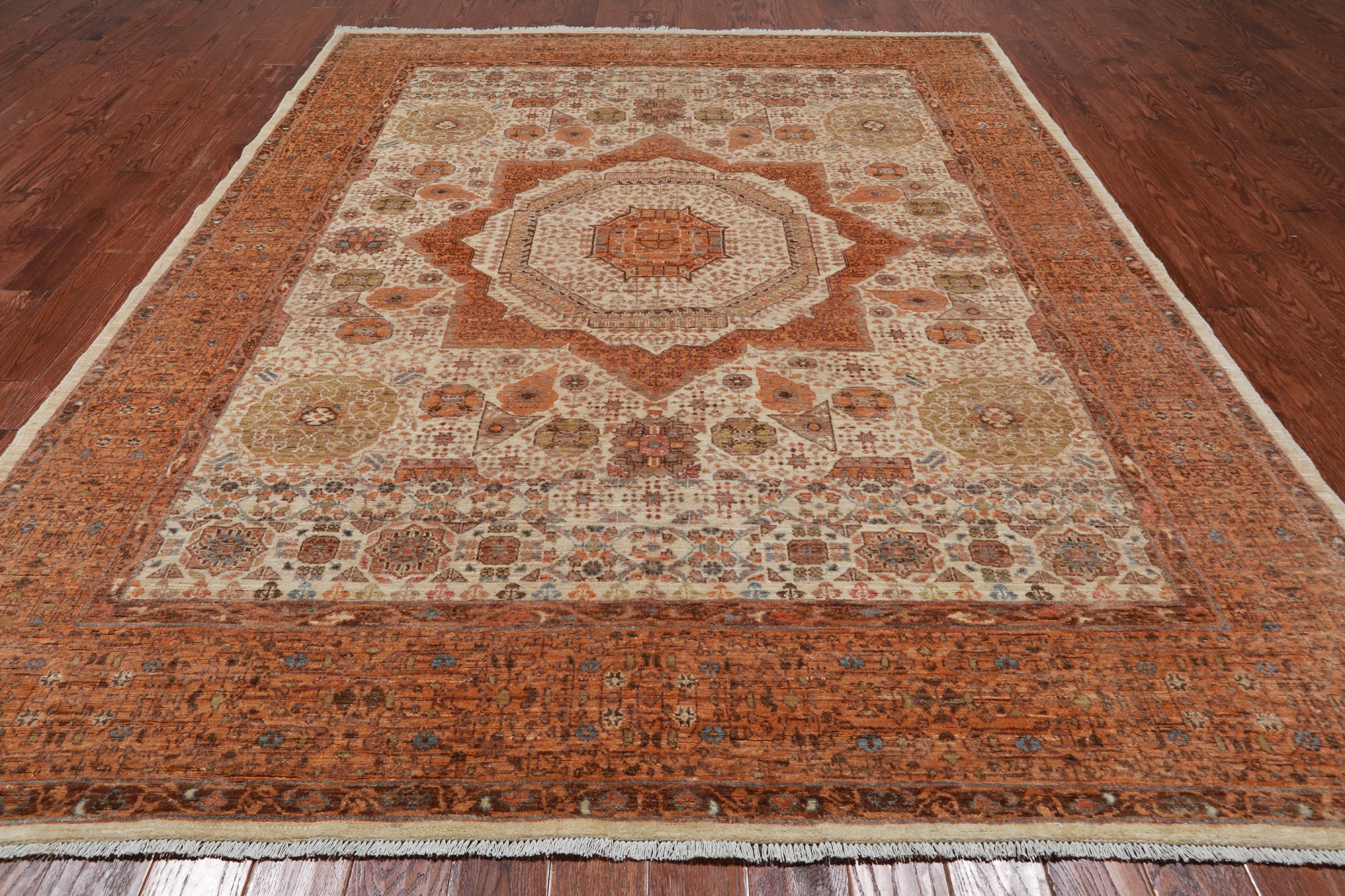 Ivory Geometric Persian Mamluk Handmade Wool Rug - 8' 0" X 10' 2"