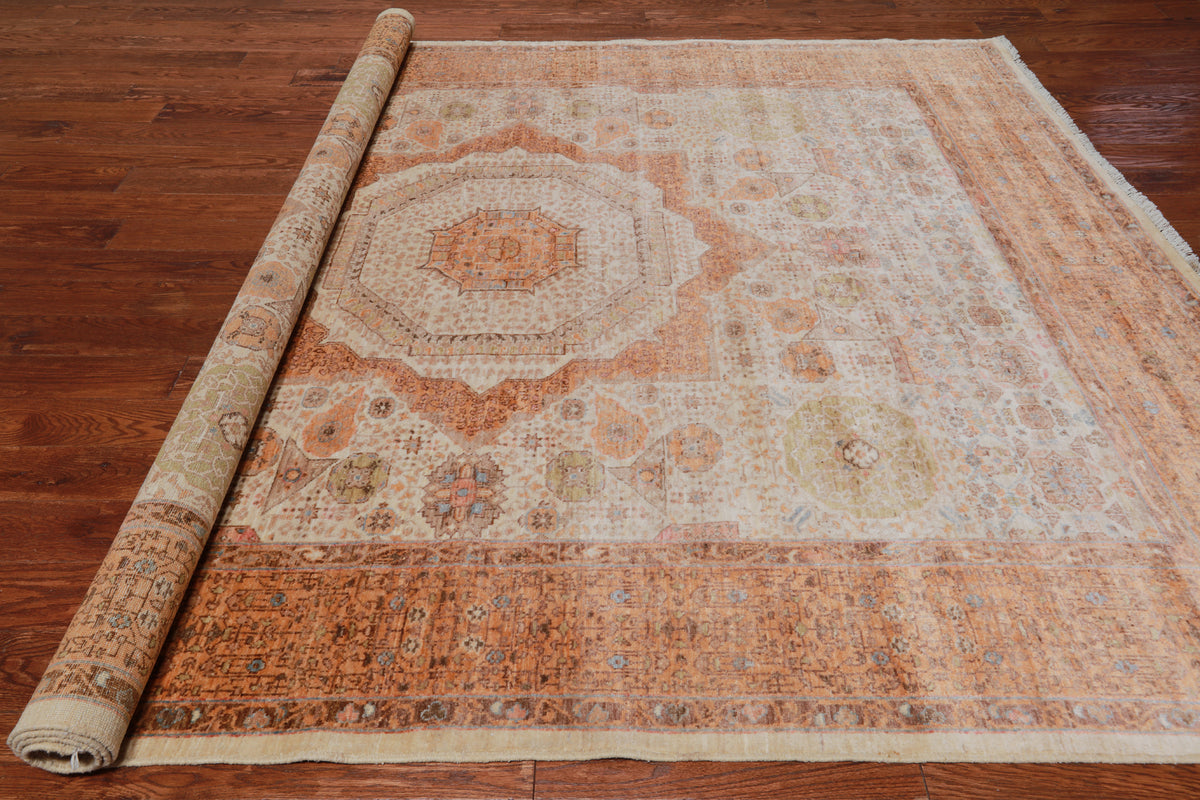 Ivory Geometric Persian Mamluk Handmade Wool Rug - 8' 0" X 10' 2"
