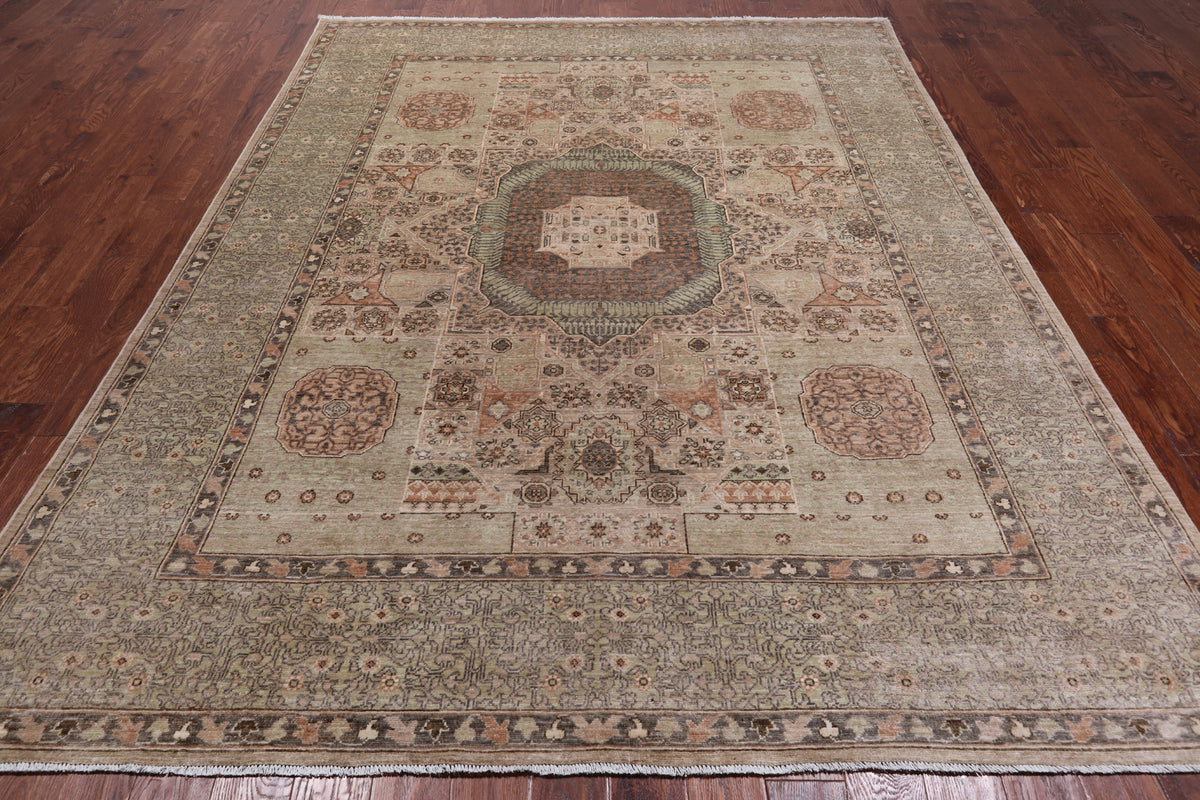 Green Geometric Persian Mamluk Hand Knotted Wool Rug - 7' 10" X 9' 10"