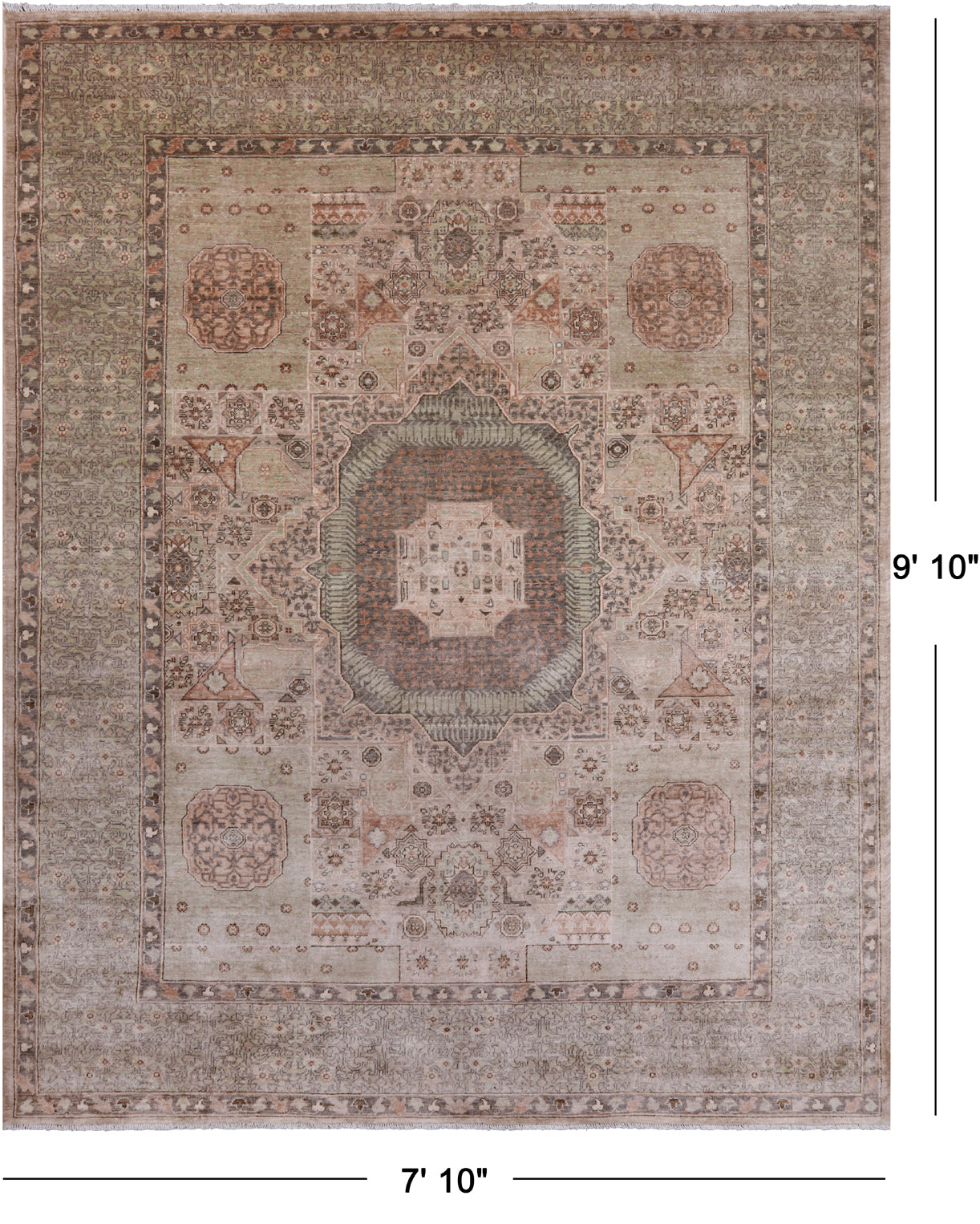 Green Geometric Persian Mamluk Hand Knotted Wool Rug - 7' 10" X 9' 10"