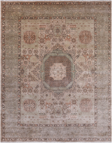 Green Geometric Persian Mamluk Hand Knotted Wool Rug - 7' 10" X 9' 10"