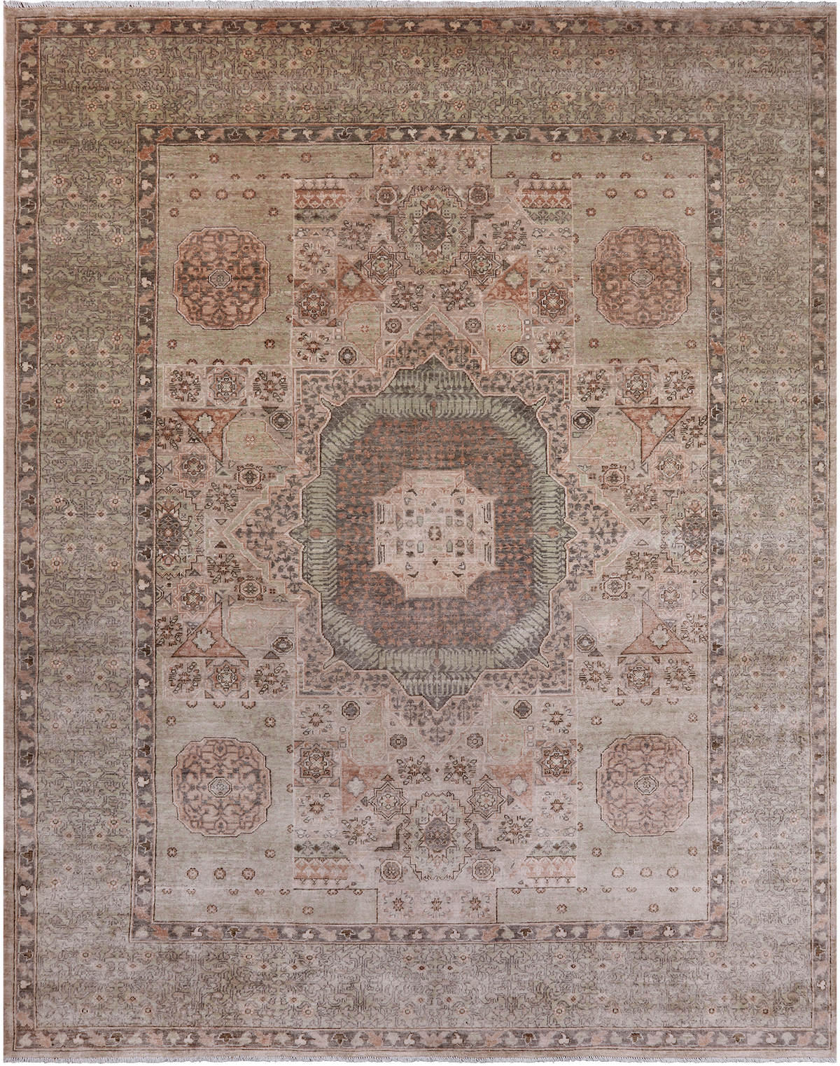 Green Geometric Persian Mamluk Hand Knotted Wool Rug - 7' 10" X 9' 10"