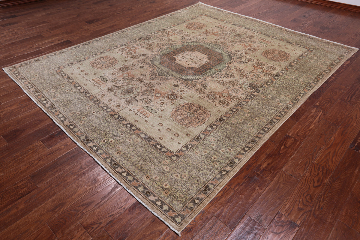 Green Geometric Persian Mamluk Hand Knotted Wool Rug - 7' 10" X 9' 10"