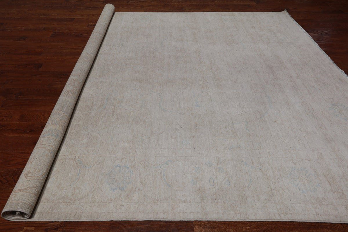 Ivory Peshawar Washed Out Handmade Wool Rug - 8' 8" X 11' 7"