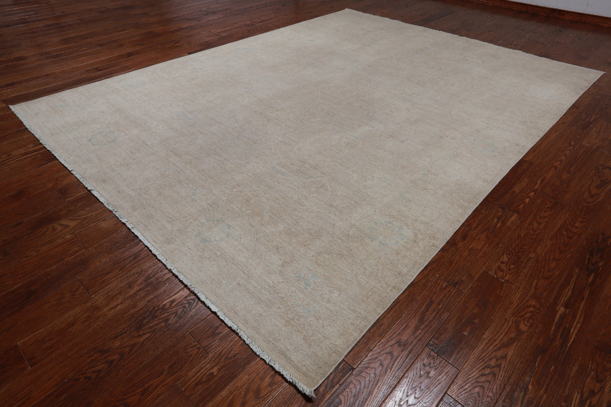 Ivory Peshawar Washed Out Handmade Wool Rug - 8' 8" X 11' 7"