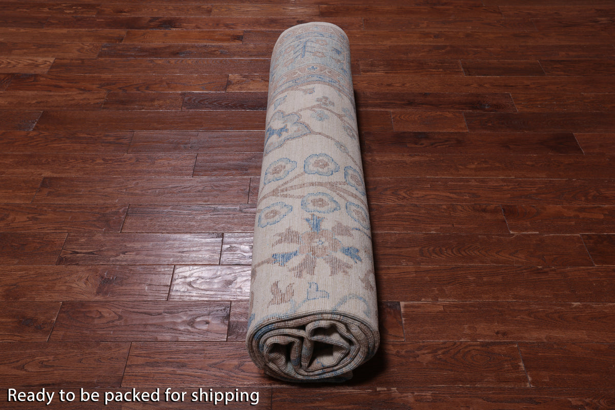 Ivory Peshawar Washed Out Handmade Wool Rug - 8' 9" X 12' 5"