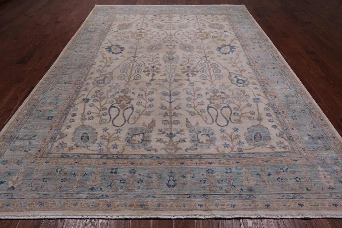 Ivory Peshawar Washed Out Handmade Wool Rug - 8' 9" X 12' 5"