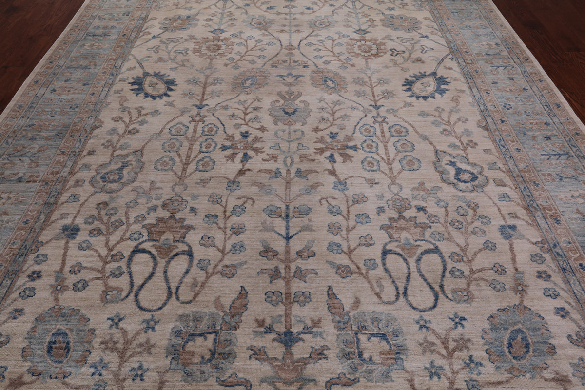 Ivory Peshawar Washed Out Handmade Wool Rug - 8' 9" X 12' 5"