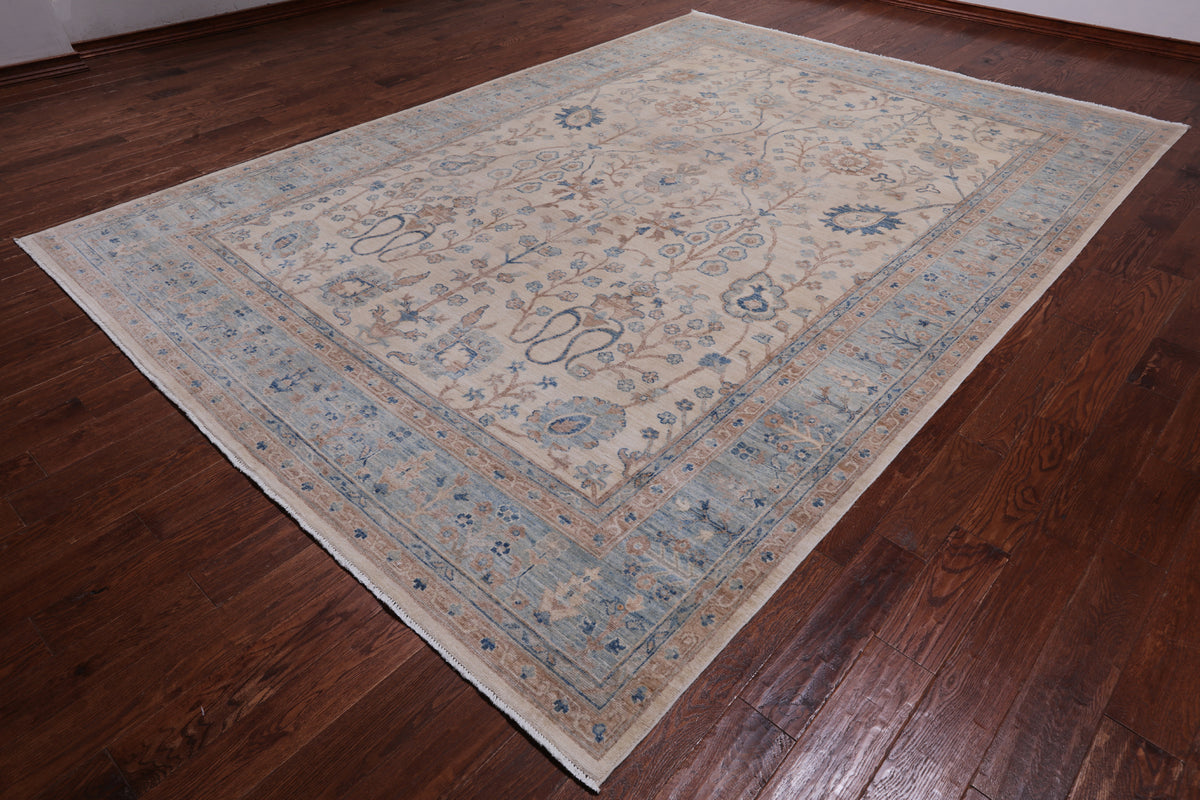 Ivory Peshawar Washed Out Handmade Wool Rug - 8' 9" X 12' 5"