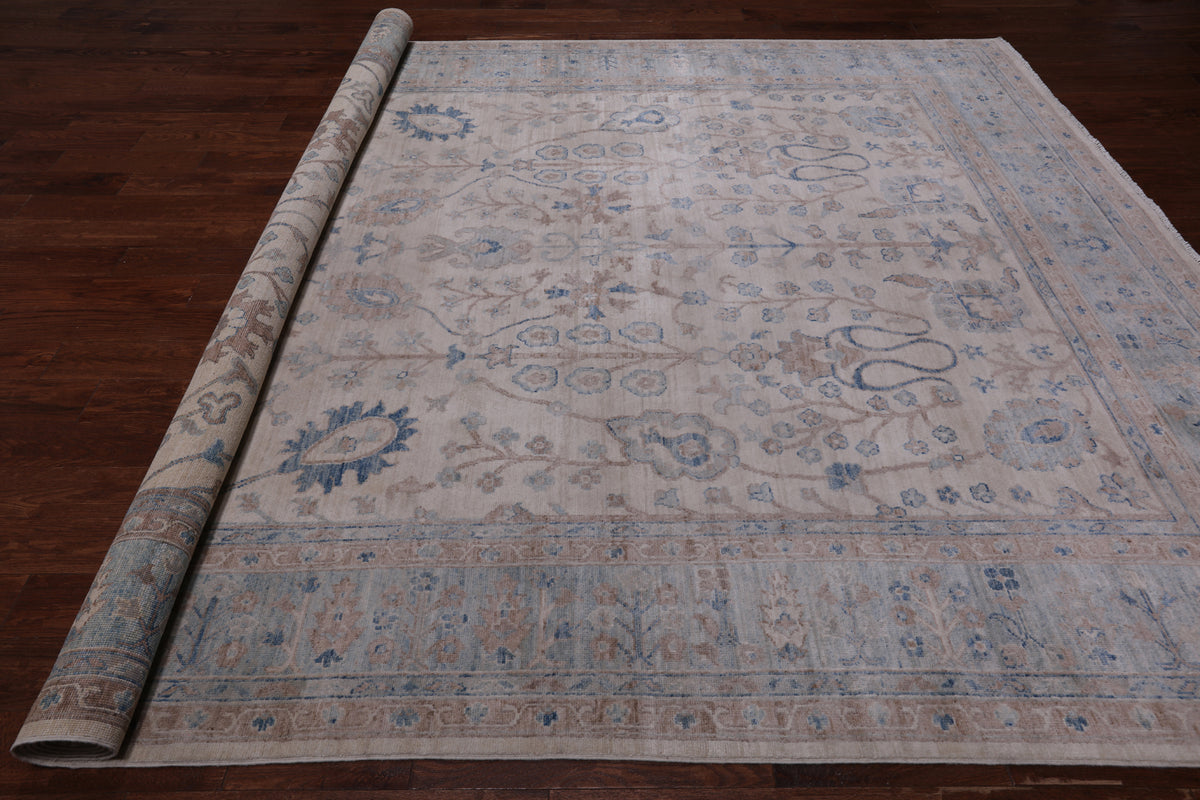 Ivory Peshawar Washed Out Handmade Wool Rug - 8' 9" X 12' 5"