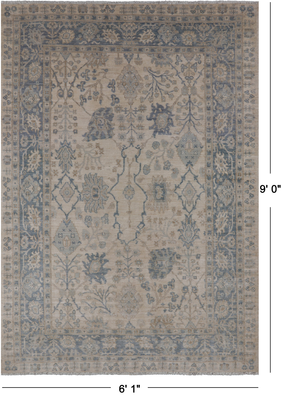 Ivory Peshawar Washed Out Handmade Wool Rug - 6' 1" X 9' 0"