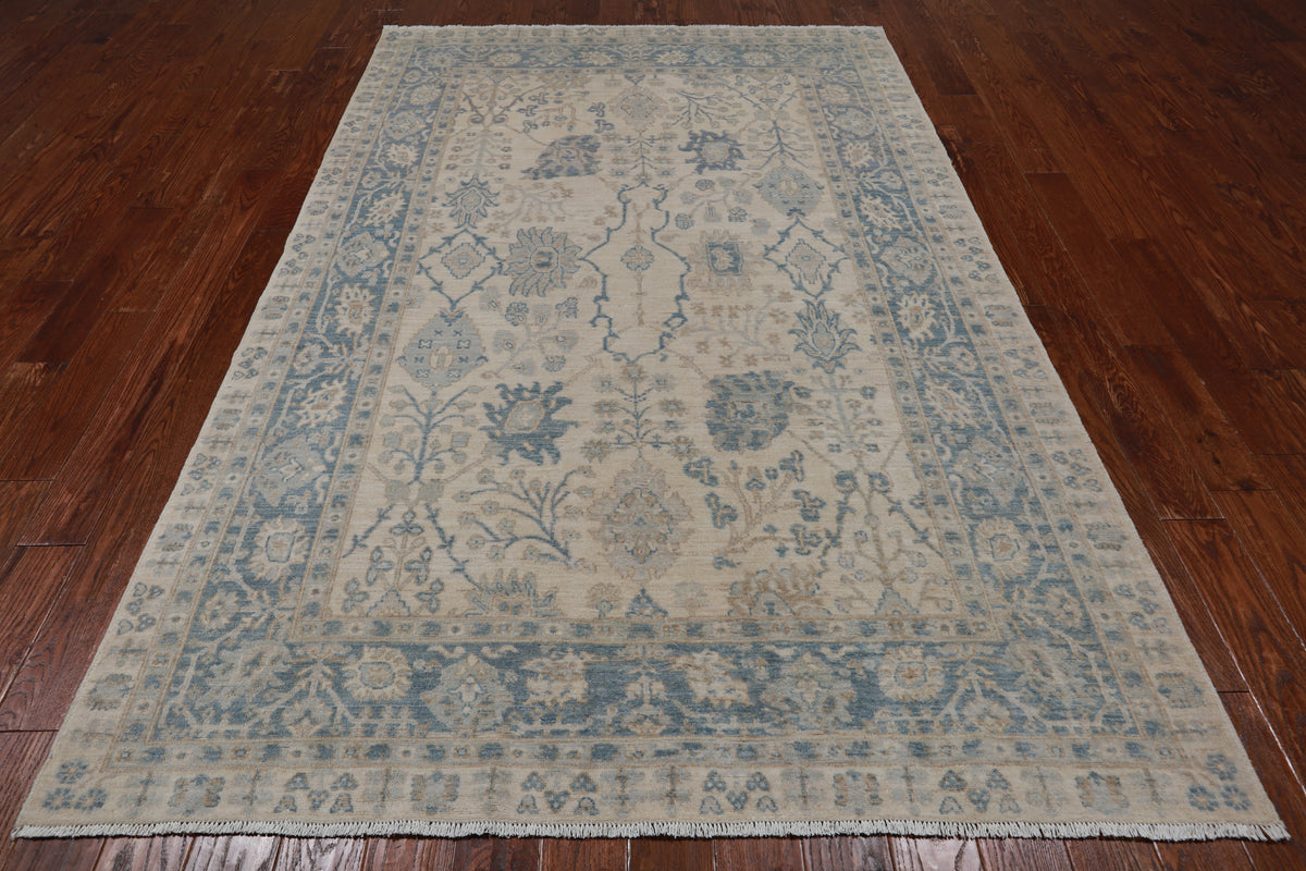 Ivory Peshawar Washed Out Handmade Wool Rug - 6' 1" X 9' 0"