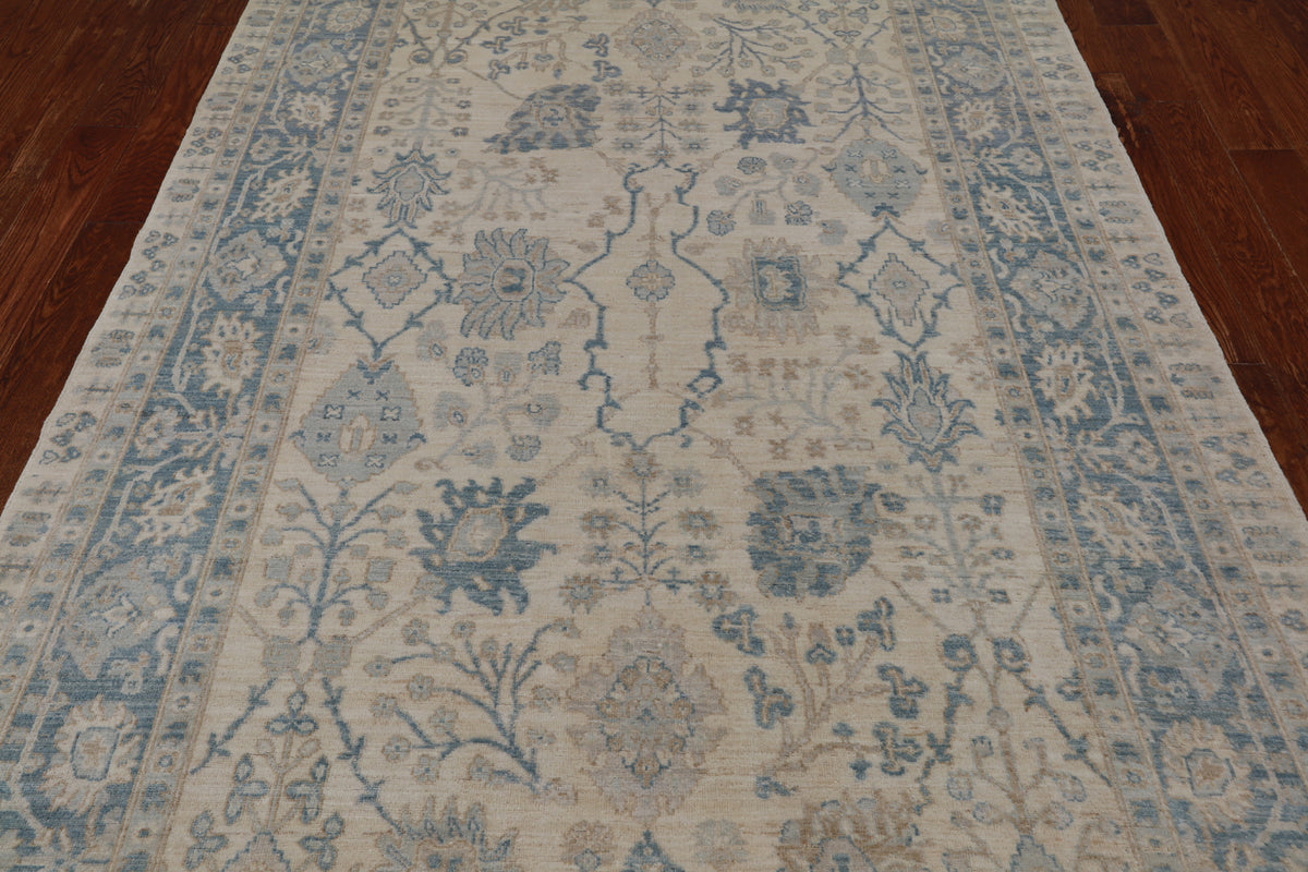 Ivory Peshawar Washed Out Handmade Wool Rug - 6' 1" X 9' 0"