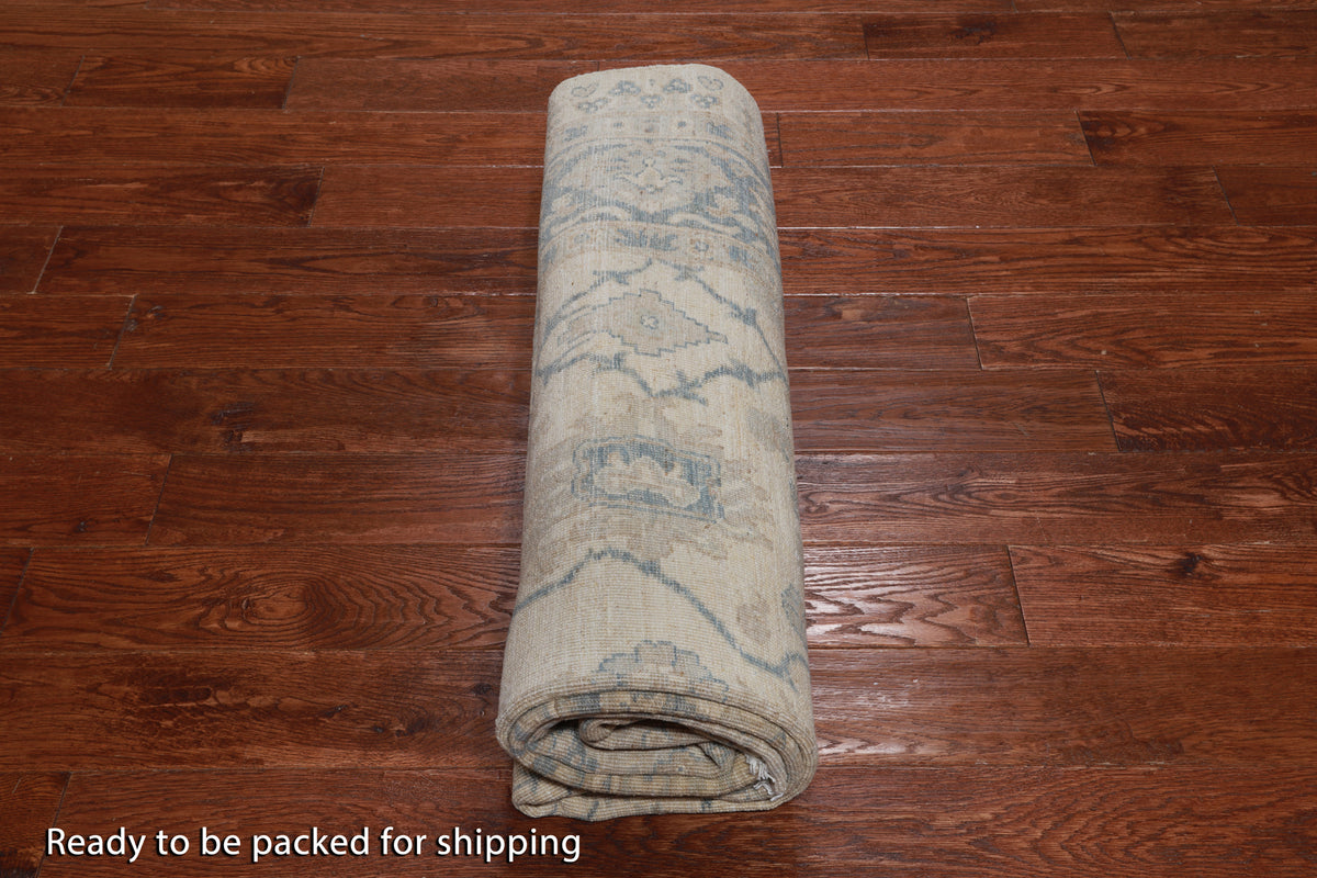 Ivory Peshawar Washed Out Handmade Wool Rug - 6' 1" X 9' 0"