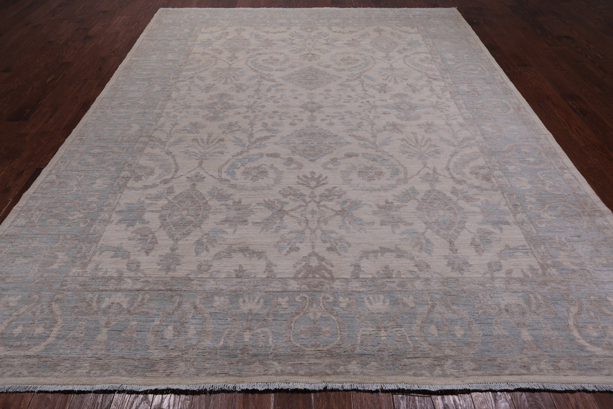 Ivory Peshawar Washed Out Handmade Wool Rug - 9' 0" X 11' 6"