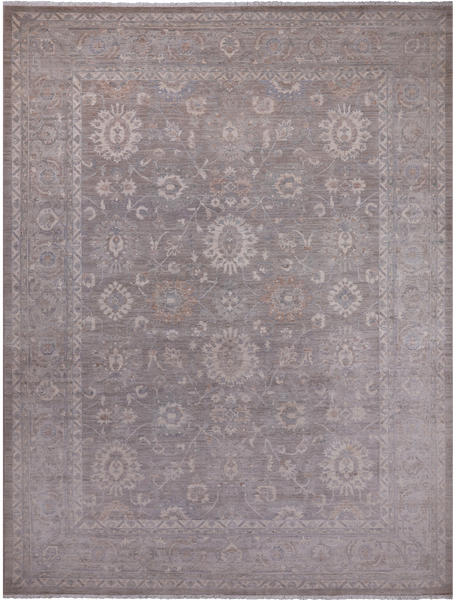 Grey Peshawar Washed Out Handmade Wool Rug - 8' 11" X 11' 11"